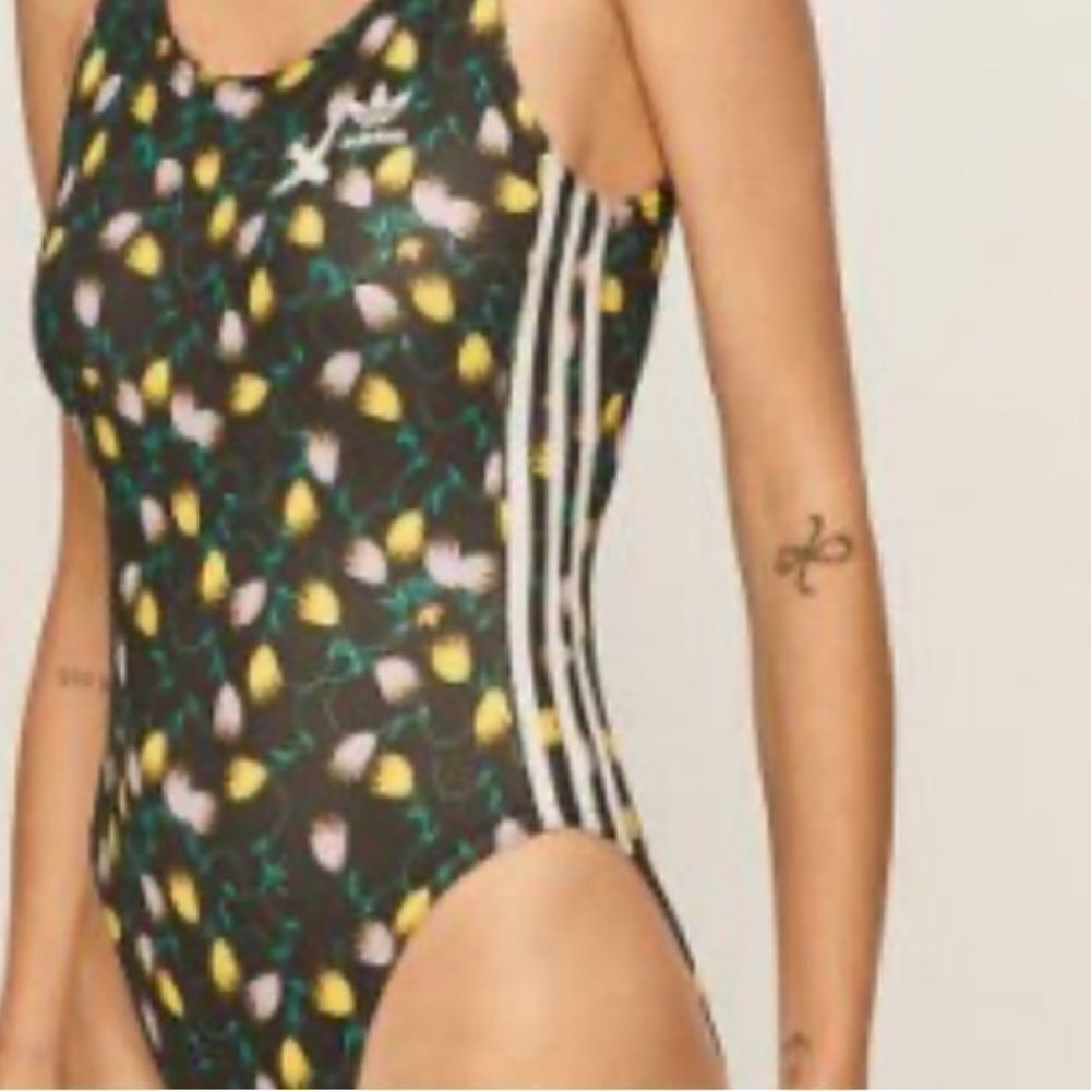 NWT Adidas AOP stretchy tulip print black racing stripes swim suit Medium M - Picture 8 of 14